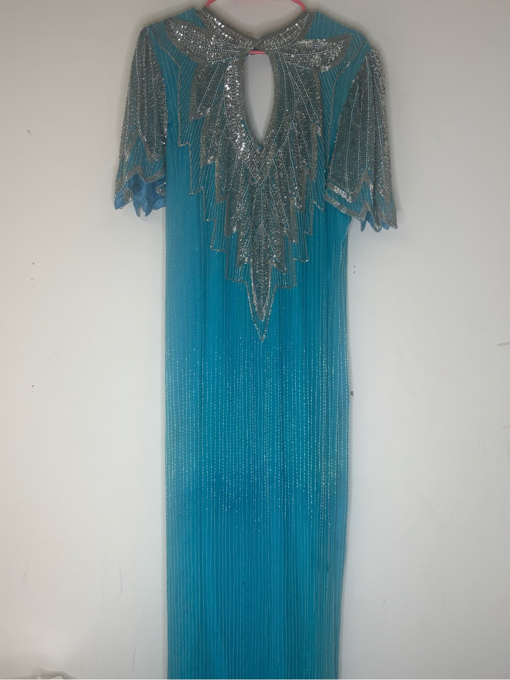 Vintage London Turquoise 100% Silk Heavily Beaded Maxi Evening Gown